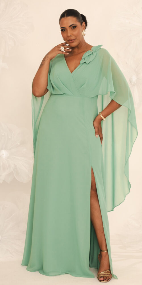 Vestido de Festa Capa Aplicação Flor Plus Size