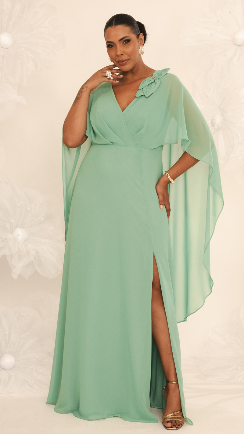 Vestido de Festa Capa Aplicação Flor Plus Size