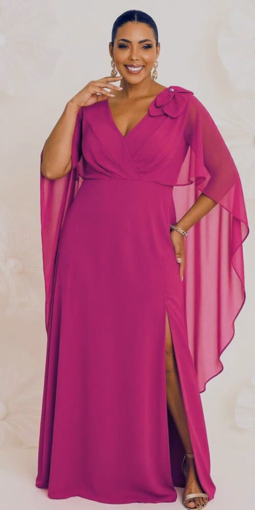 Vestido de Festa Capa Aplicação Flor Plus Size