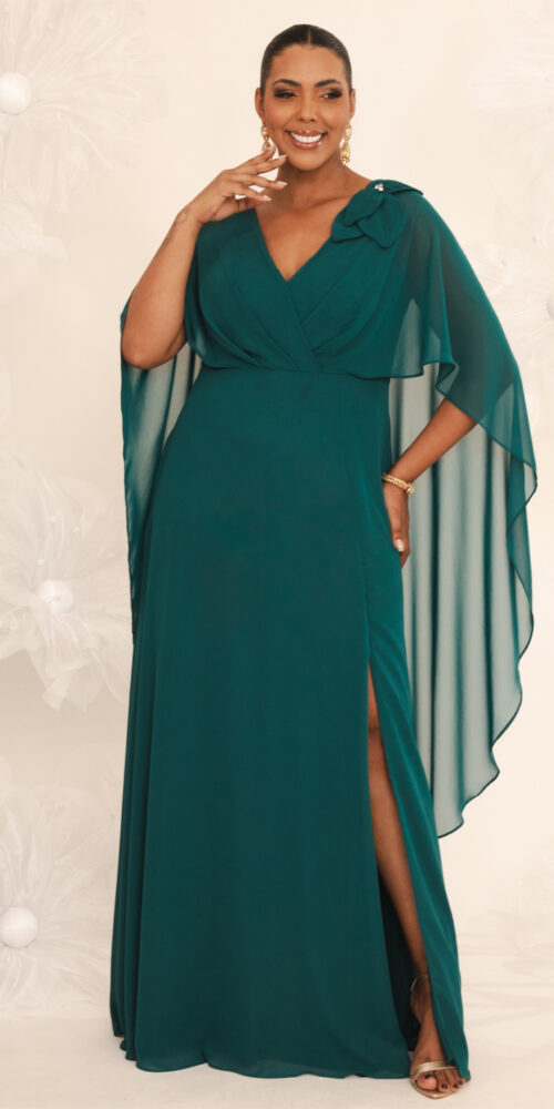 Vestido de Festa Capa Aplicação Flor Plus Size