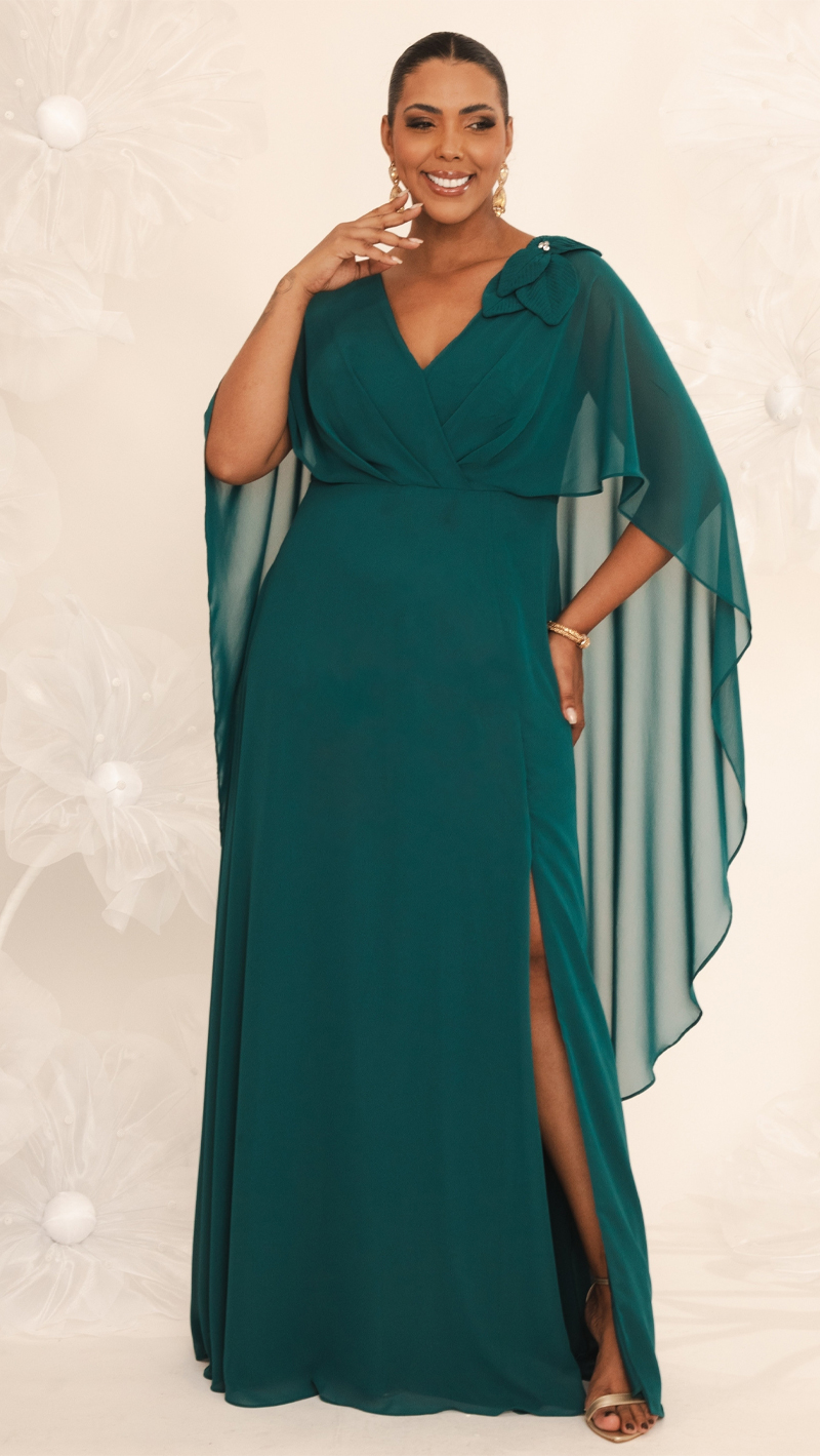 Vestido de Festa Capa Aplicação Flor Plus Size