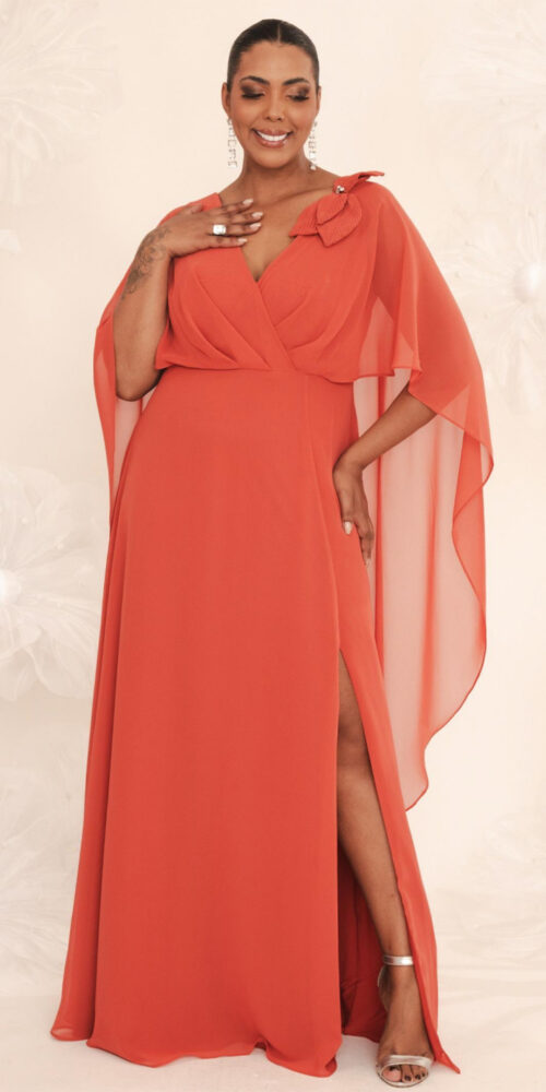 Vestido de Festa Capa Aplicação Flor Plus Size