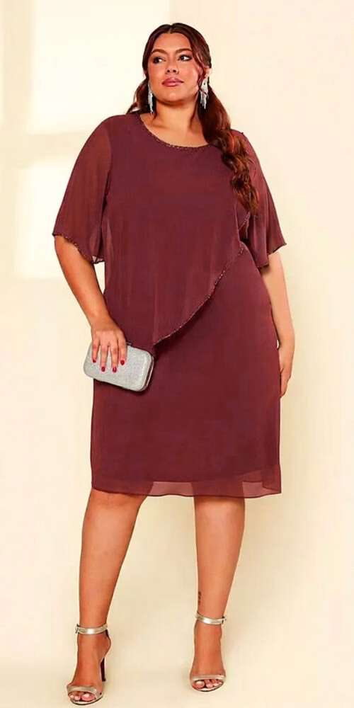 Vestido Plus Size Crepe Chiffon Bordado à Mão Midi
