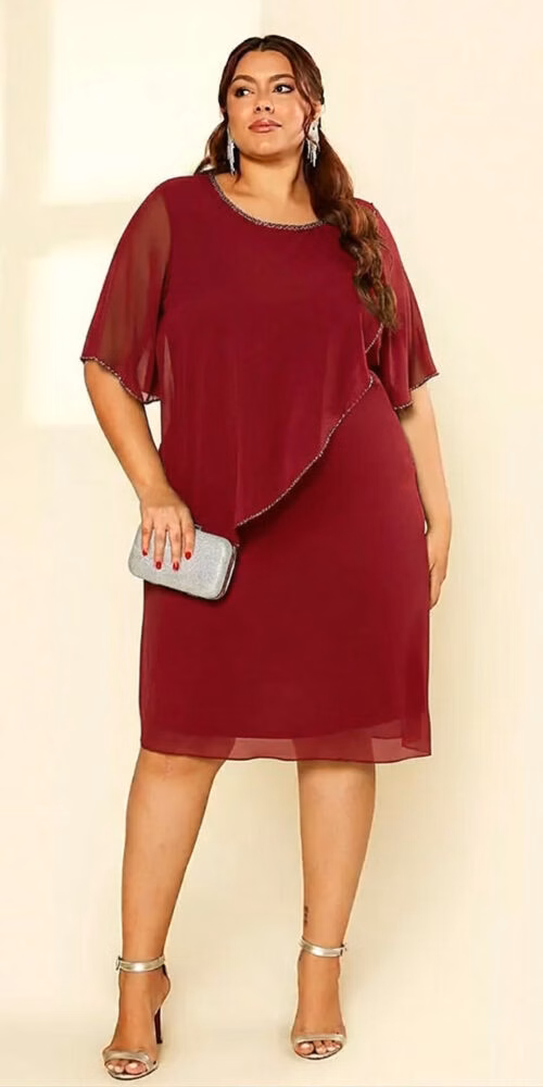 Vestido Plus Size Crepe Chiffon Bordado à Mão Midi