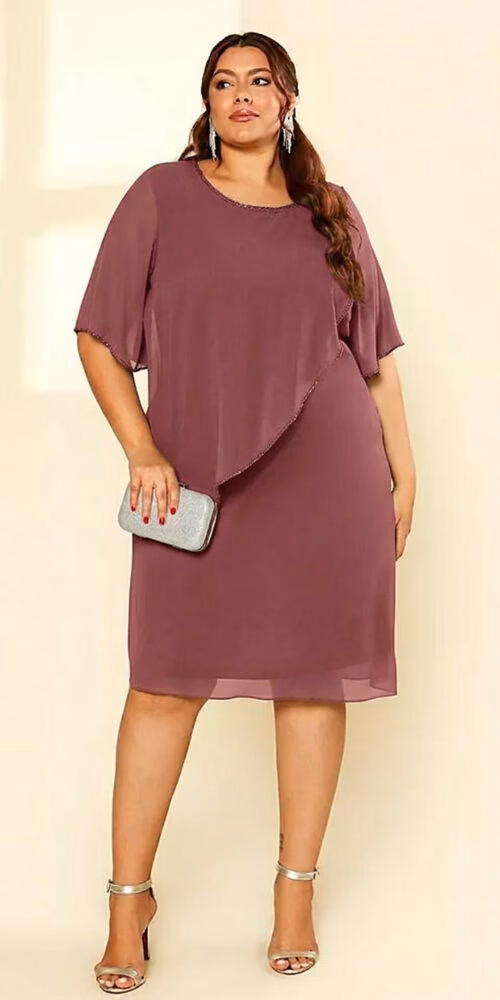 Vestido Plus Size Crepe Chiffon Bordado à Mão Midi