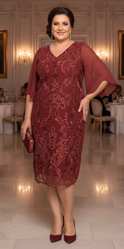 Vestido Plus Size em Renda Bordada Midi