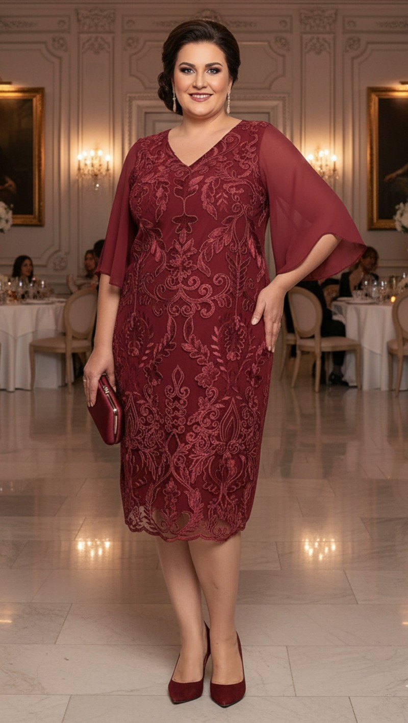 Vestido Plus Size em Renda Bordada Midi