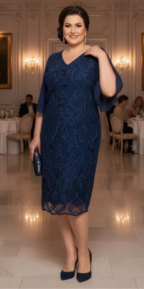 Vestido Plus Size em Renda Bordada Midi