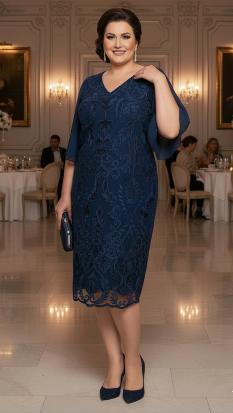 Vestido Plus Size em Renda Bordada Midi