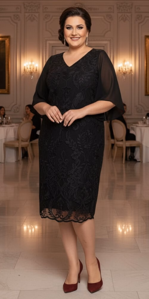 Vestido Plus Size em Renda Bordada Midi