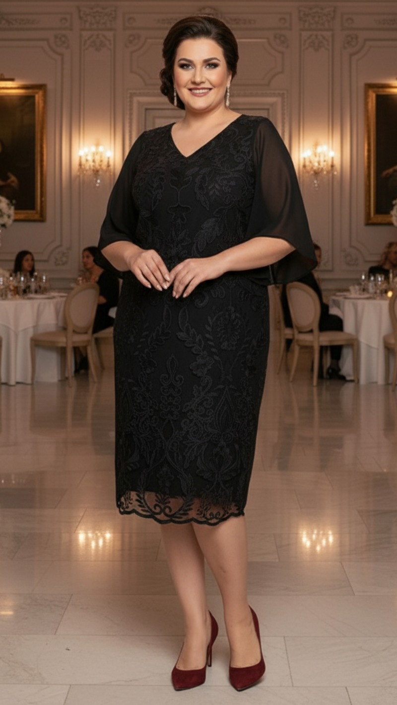 Vestido Plus Size em Renda Bordada Midi