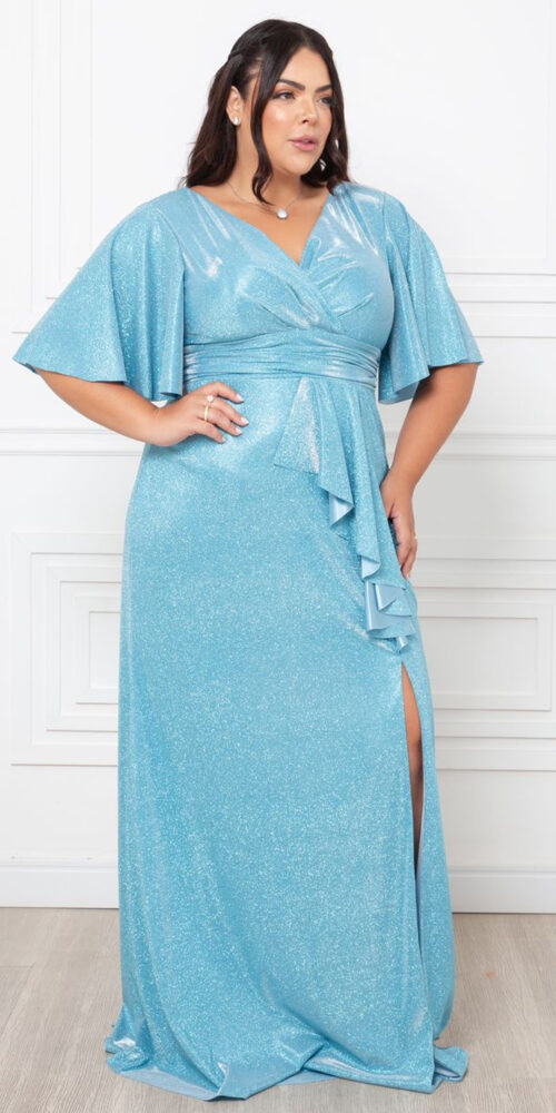 Vestido Festa Lurex Detalhe Drapeado Plus Size