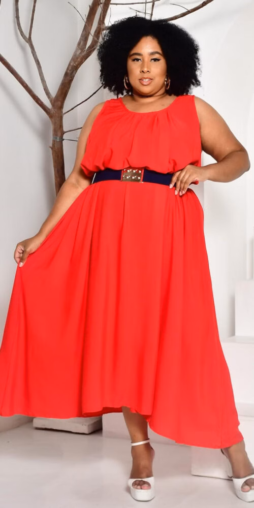 Vestido Midi Viscolinho com Cinto Plus Size