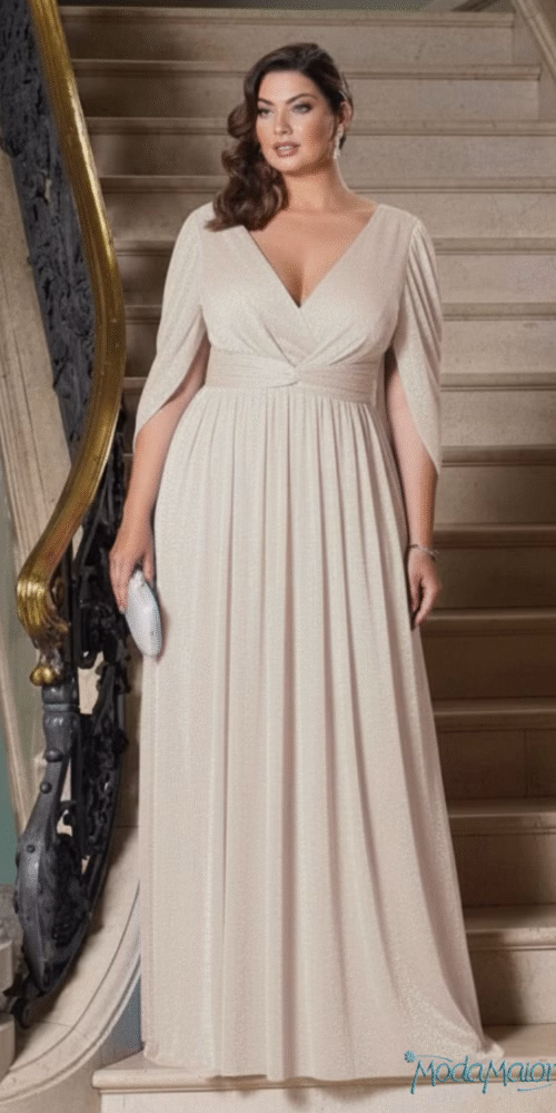 Vestido Plus Size Manga Infinita com Brilho de Festa