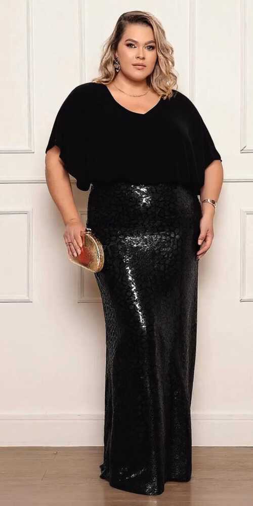 Vestido Festa Crepe e Paetês Plus Size