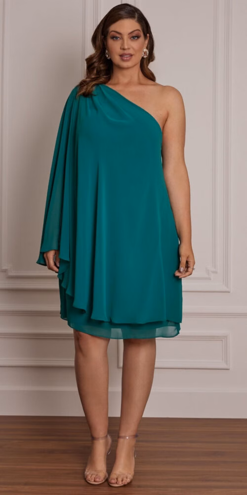 Vestido Plus Size Ombro Só com Capa Midi