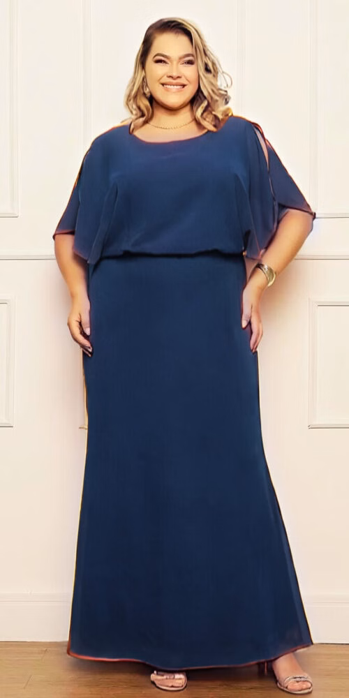 Vestido Crepe Blusê Saia Evasê Plus Size
