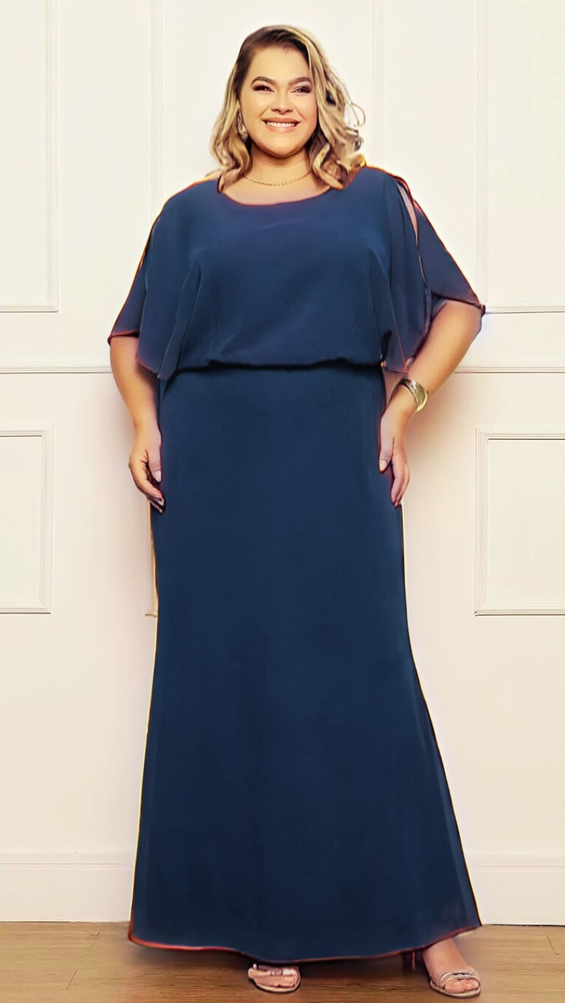 Vestido Crepe Blusê Saia Evasê Plus Size