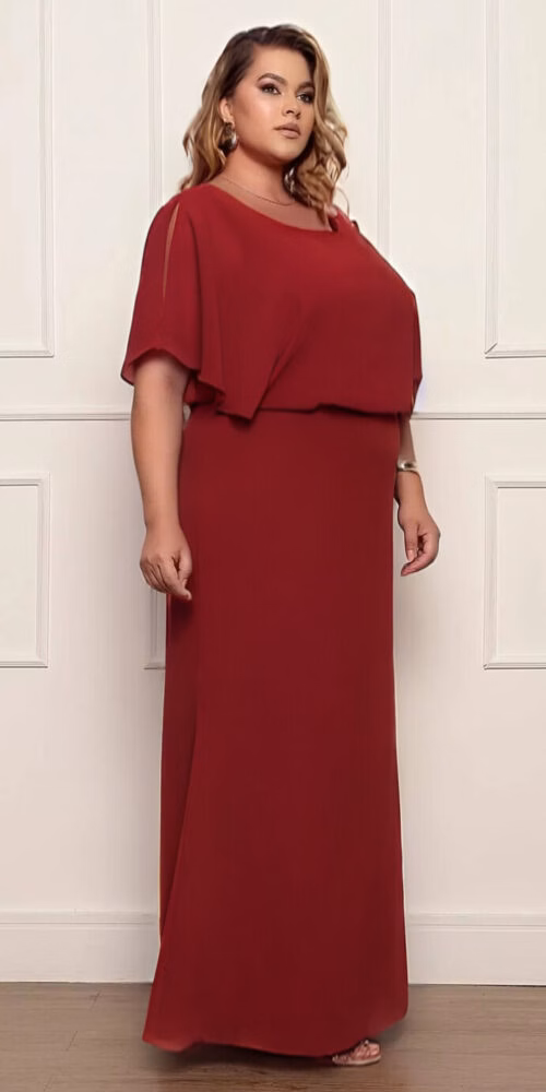 Vestido Crepe Blusê Saia Evasê Plus Size