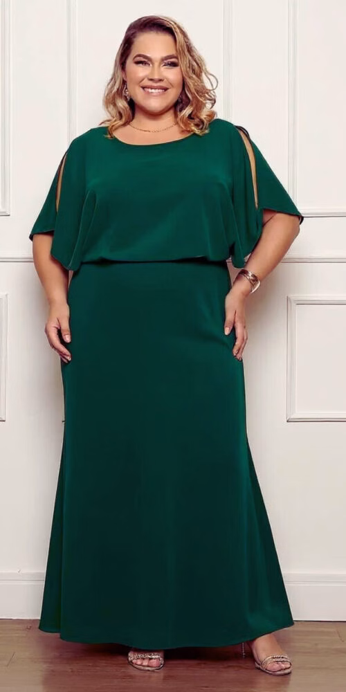 Vestido Crepe Blusê Saia Evasê Plus Size