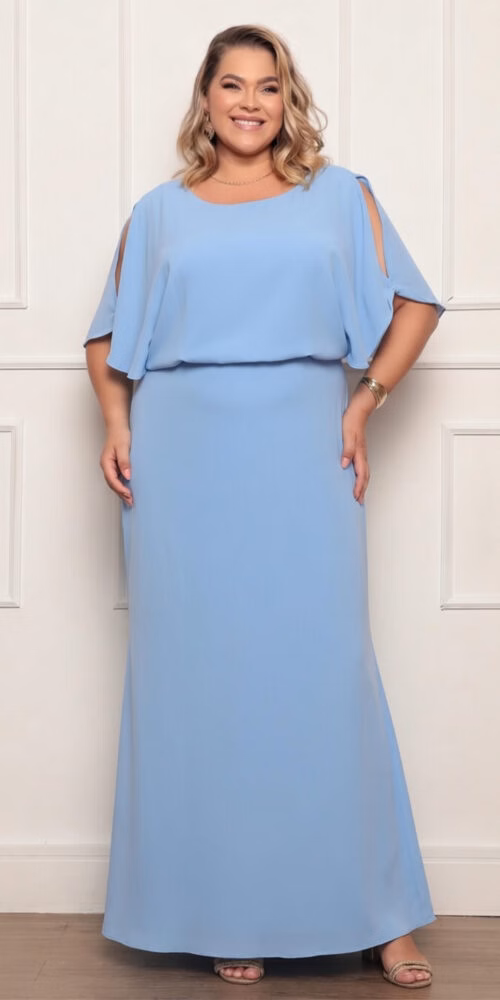 Vestido Crepe Blusê Saia Evasê Plus Size