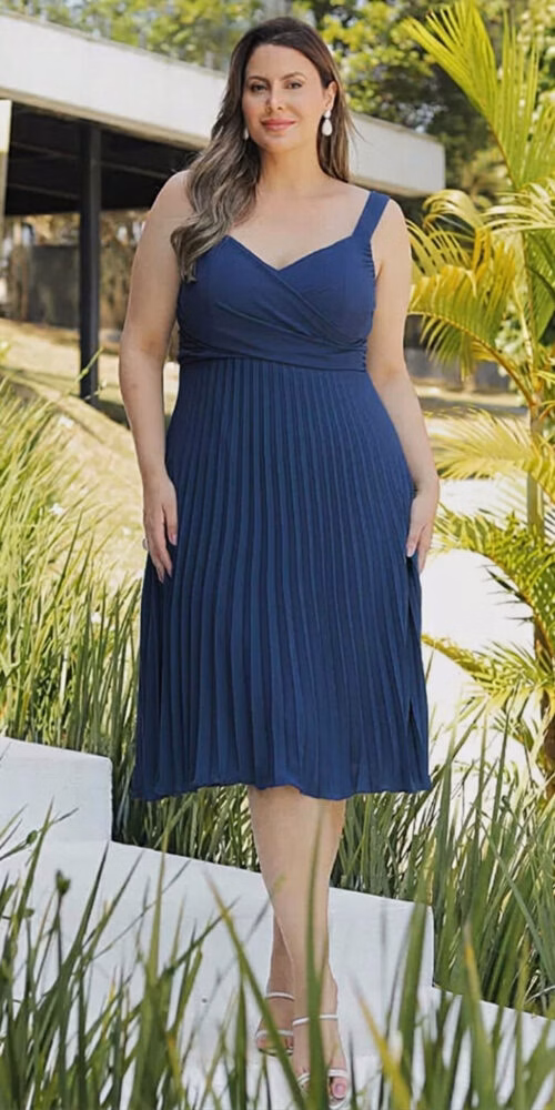 Vestido Midi Saia Plissada Plus Size