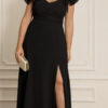 Vestido Plus Size Crepe Mangas Babado de Festa