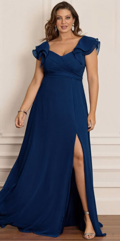 Vestido Plus Size Crepe Mangas Babado de Festa