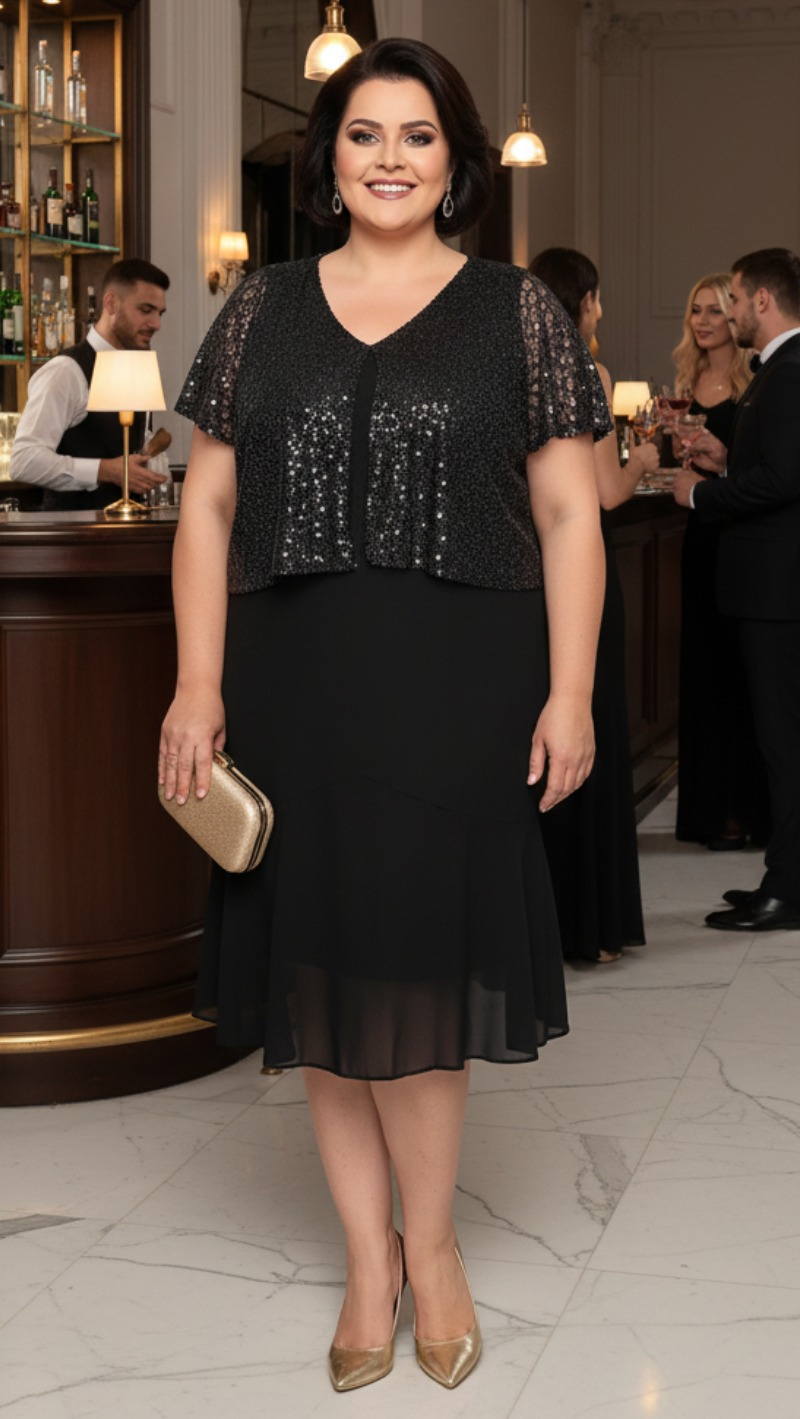 Vestido Midi Bolero em Paetês Plus Size