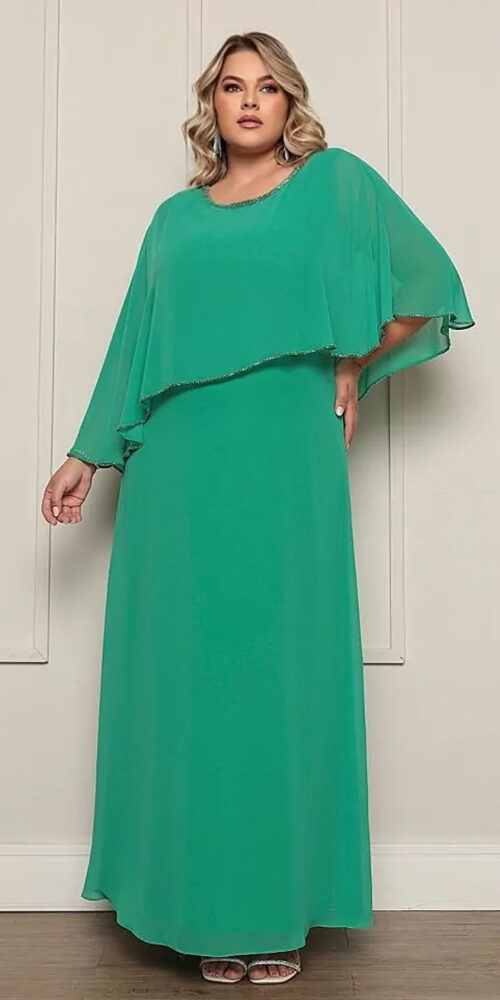 Vestido Festa com Capa Bordada à Mão Plus Size
