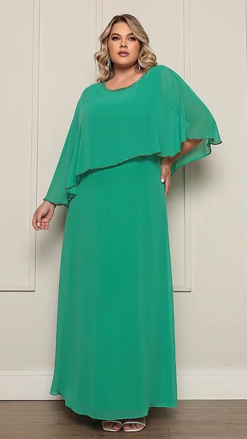 Vestido Festa com Capa Bordada à Mão Plus Size