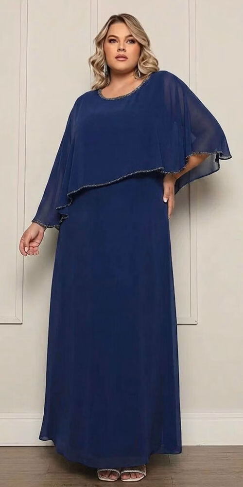 Vestido Festa com Capa Bordada à Mão Plus Size