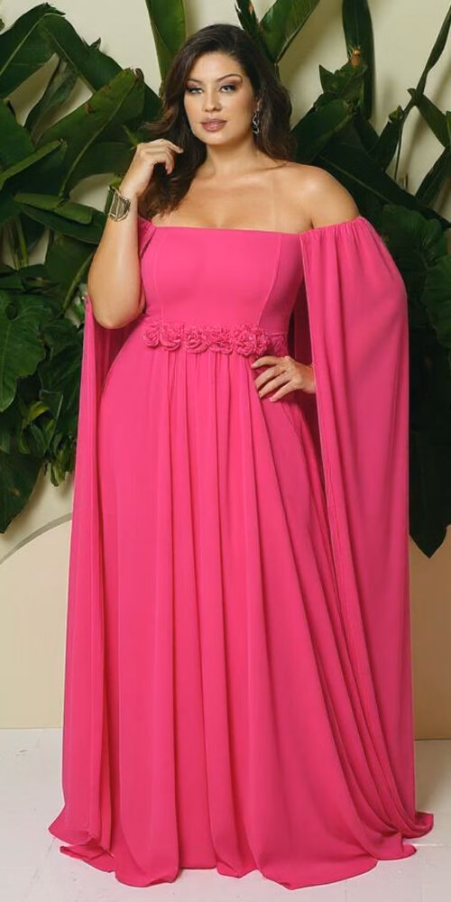Vestido Festa Manga Capa e Cinto Flores Plus Size