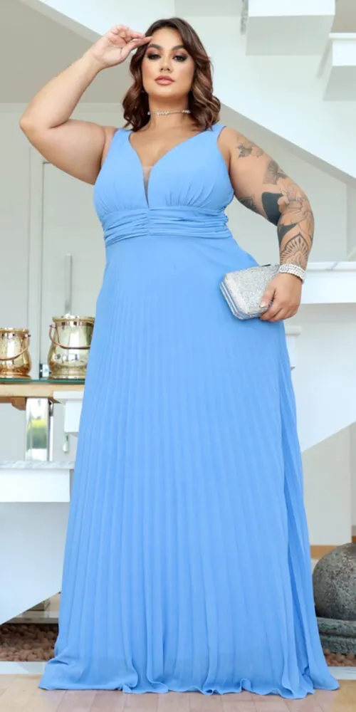 Vestido de Festa Regata Plissado Plus Size