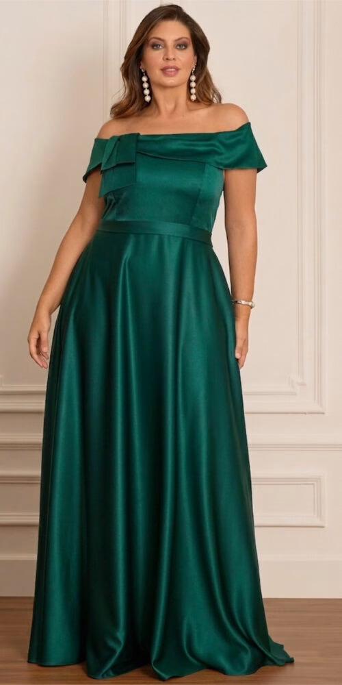 Vestido Festa Cetim com Bolsos Plus Size