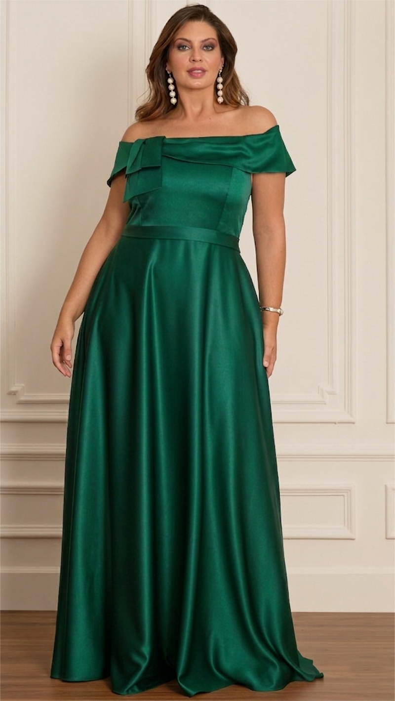 Vestido Festa Cetim com Bolsos Plus Size