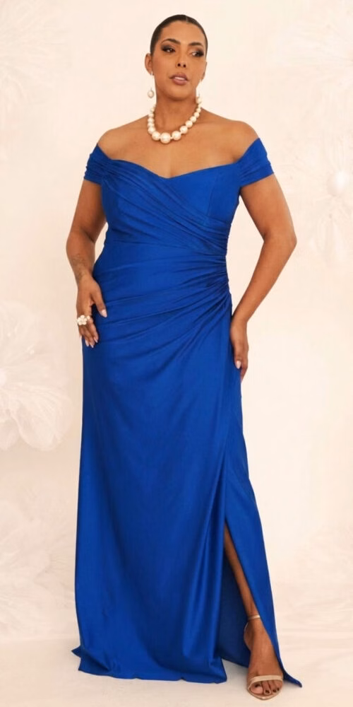 Vestido Festa Ombro a Ombro Drapeado Plus Size