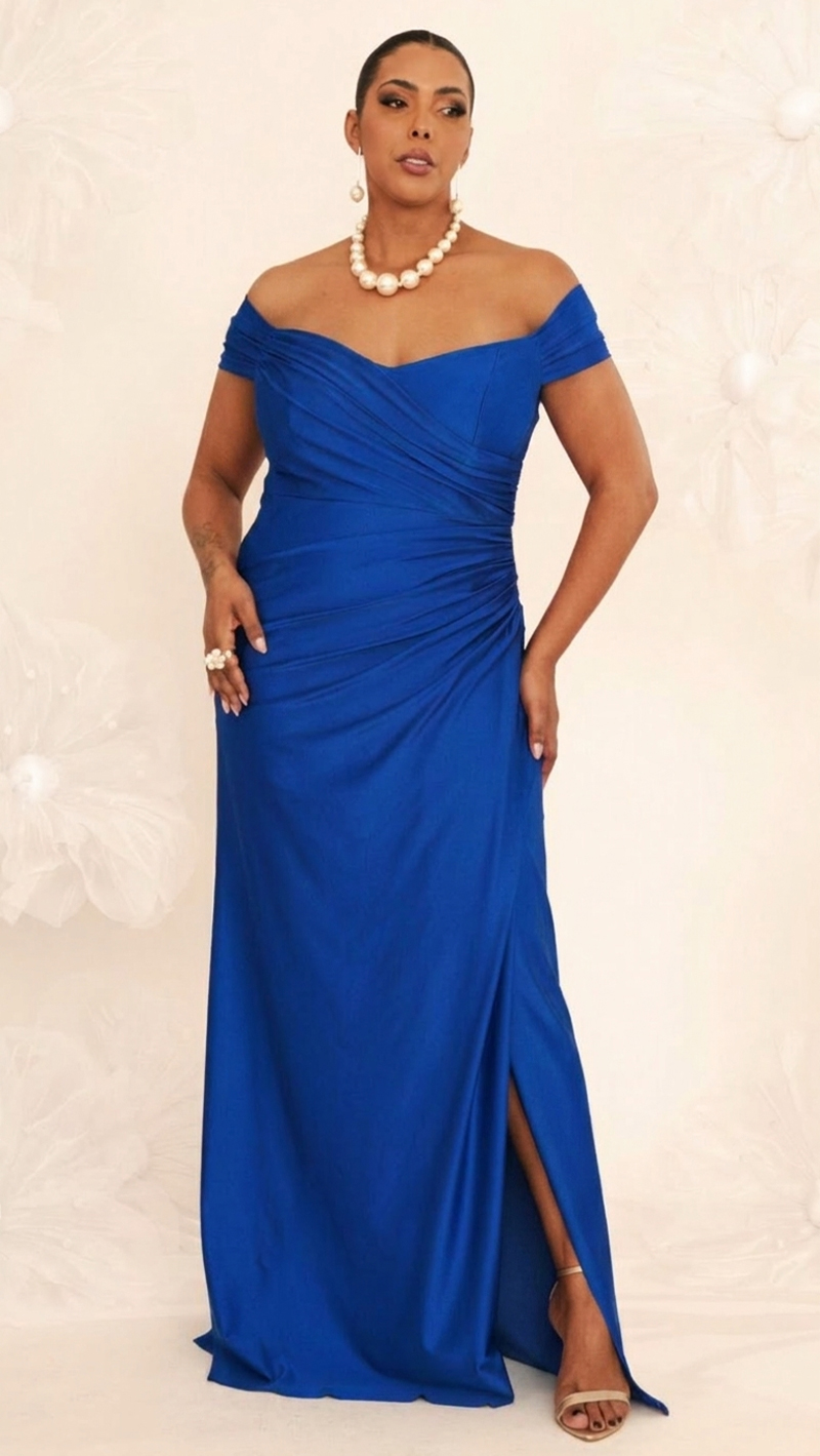 Vestido Festa Ombro a Ombro Drapeado Plus Size
