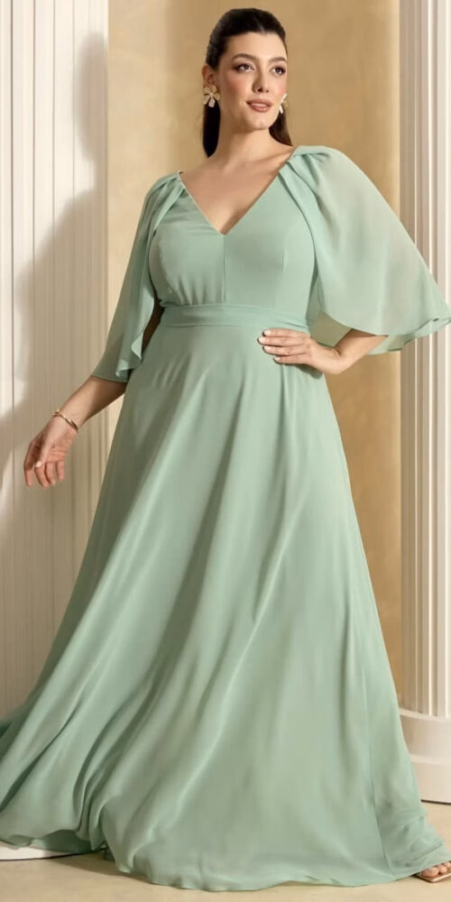 Vestido Madrinhas com Capa Drapeada Plus Size