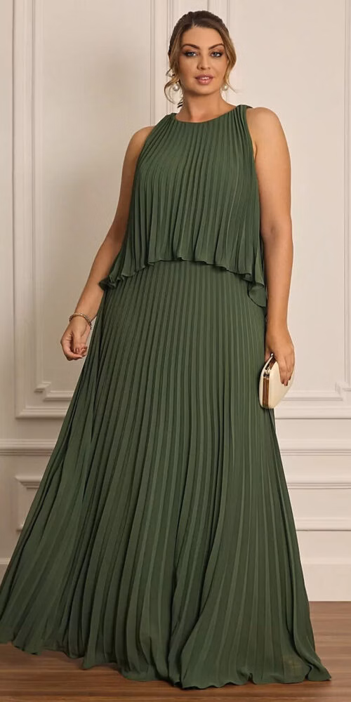 Vestido Festa Longo Plissado Plus Size