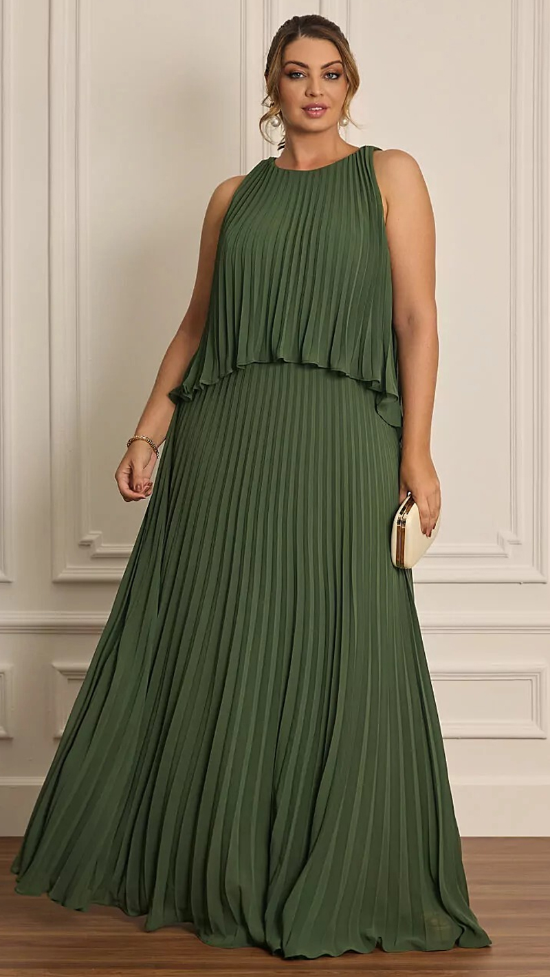 Vestido Festa Longo Plissado Plus Size