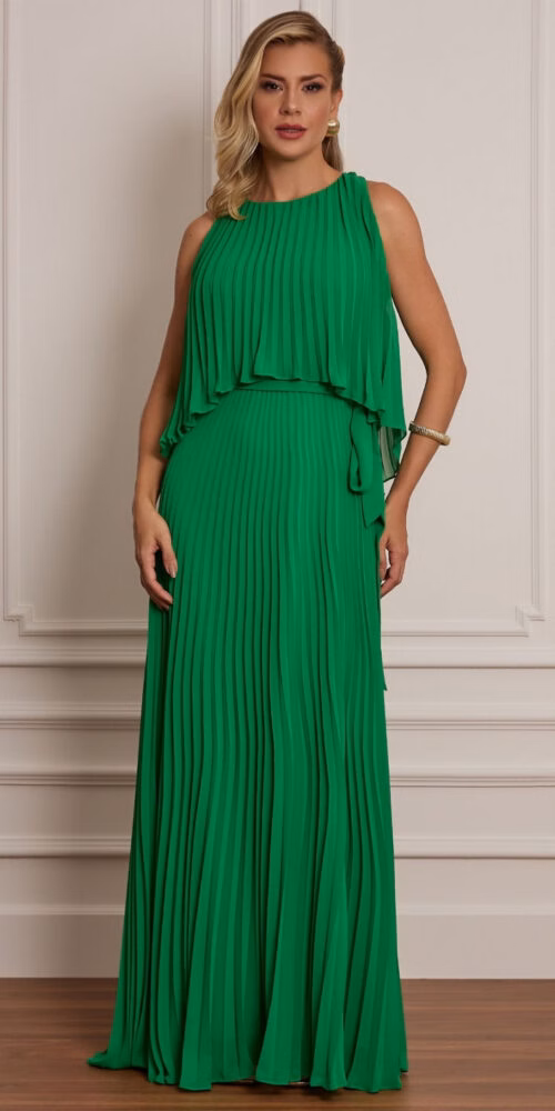 Vestido Festa Longo Plissado Plus Size