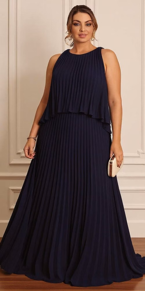 Vestido Festa Longo Plissado Plus Size