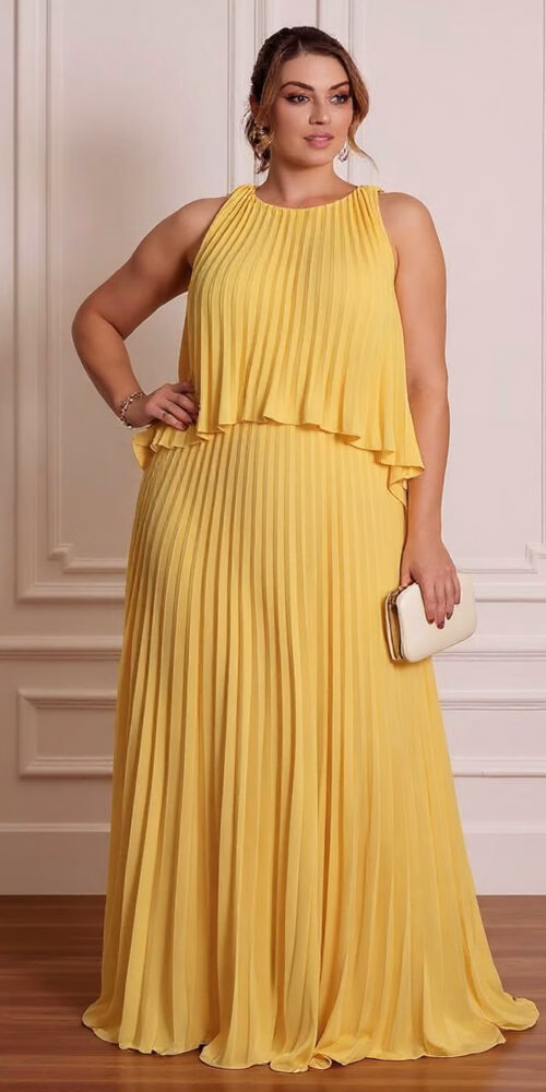 Vestido Festa Longo Plissado Plus Size