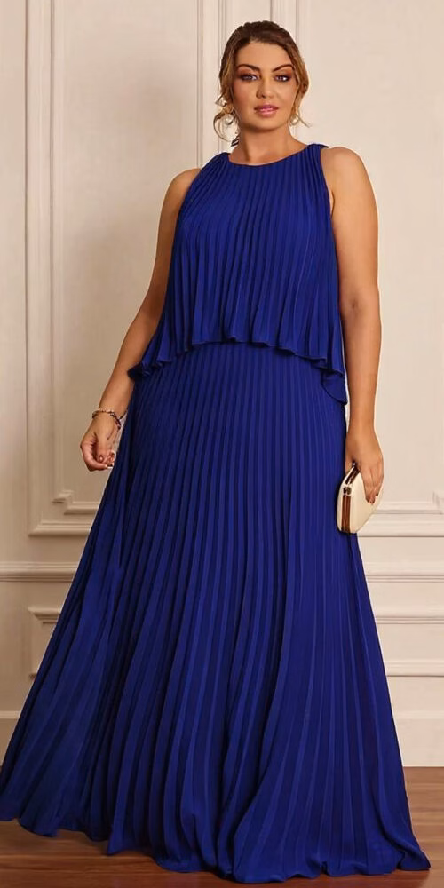 Vestido Festa Longo Plissado Plus Size