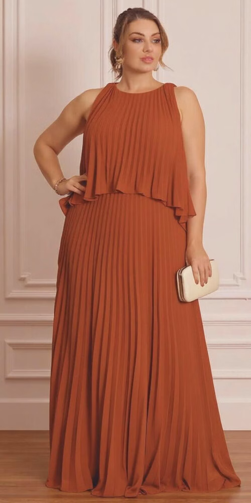 Vestido Festa Longo Plissado Plus Size