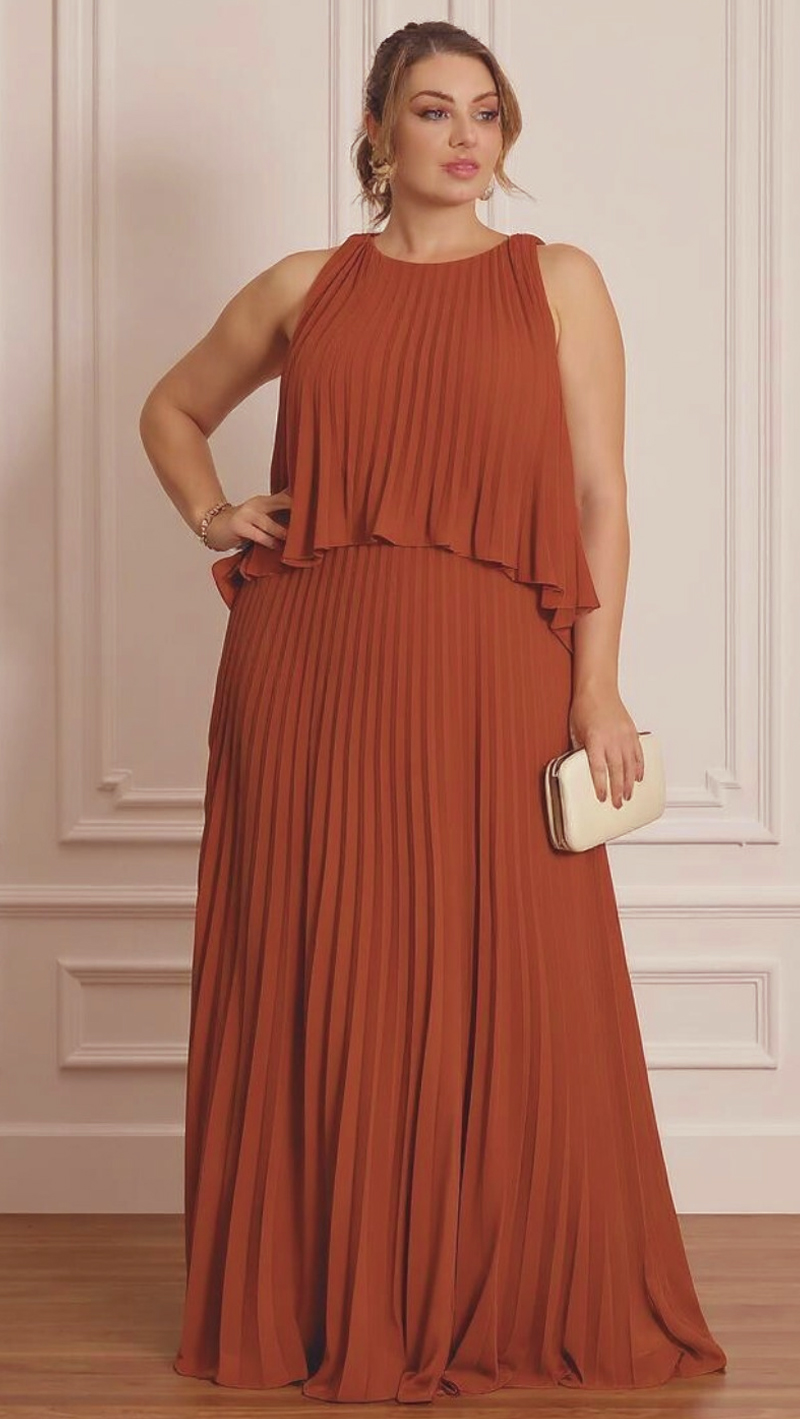 Vestido Festa Longo Plissado Plus Size