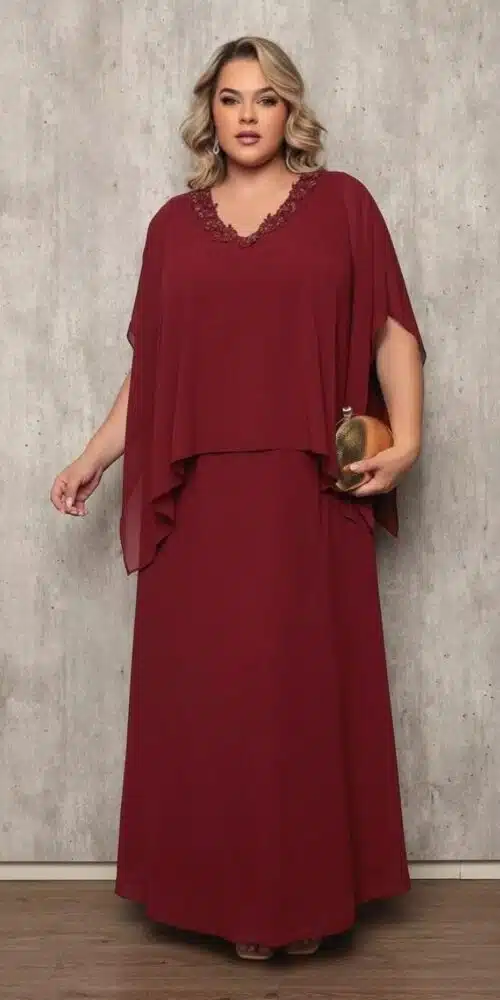 Vestido Festa Capa Longa Bordada Plus Size
