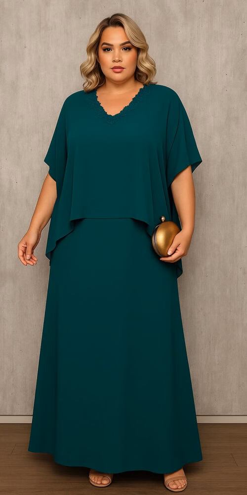 Vestido Festa Capa Longa Bordada Plus Size