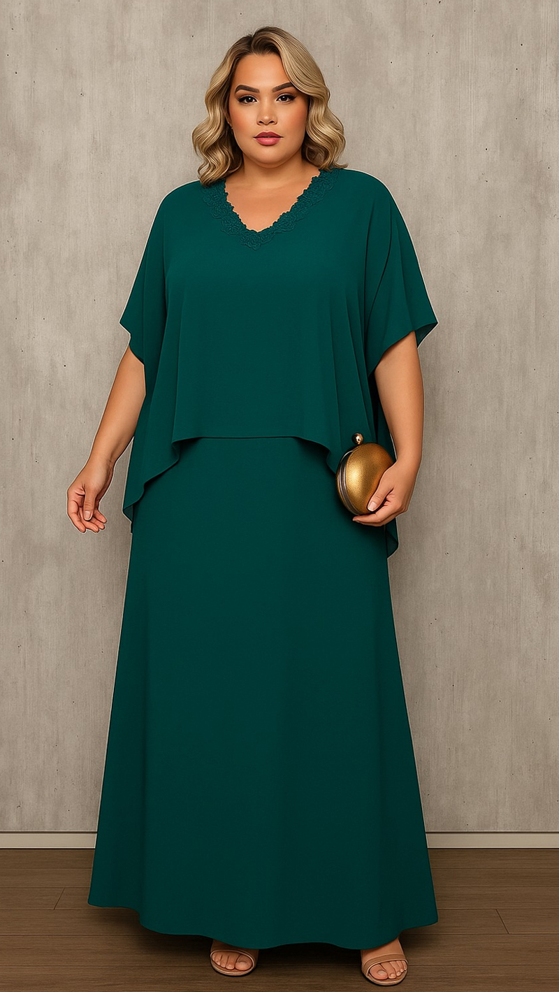 Vestido Festa Capa Longa Bordada Plus Size